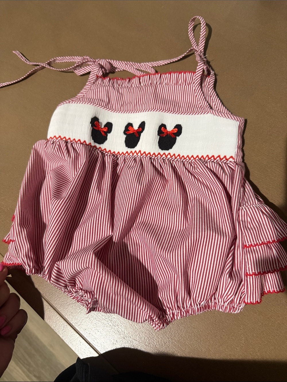 Stitchy Fish Red Striped Baby Romper with Minnie Mouse and Bow Accents - Picture 3 of 6